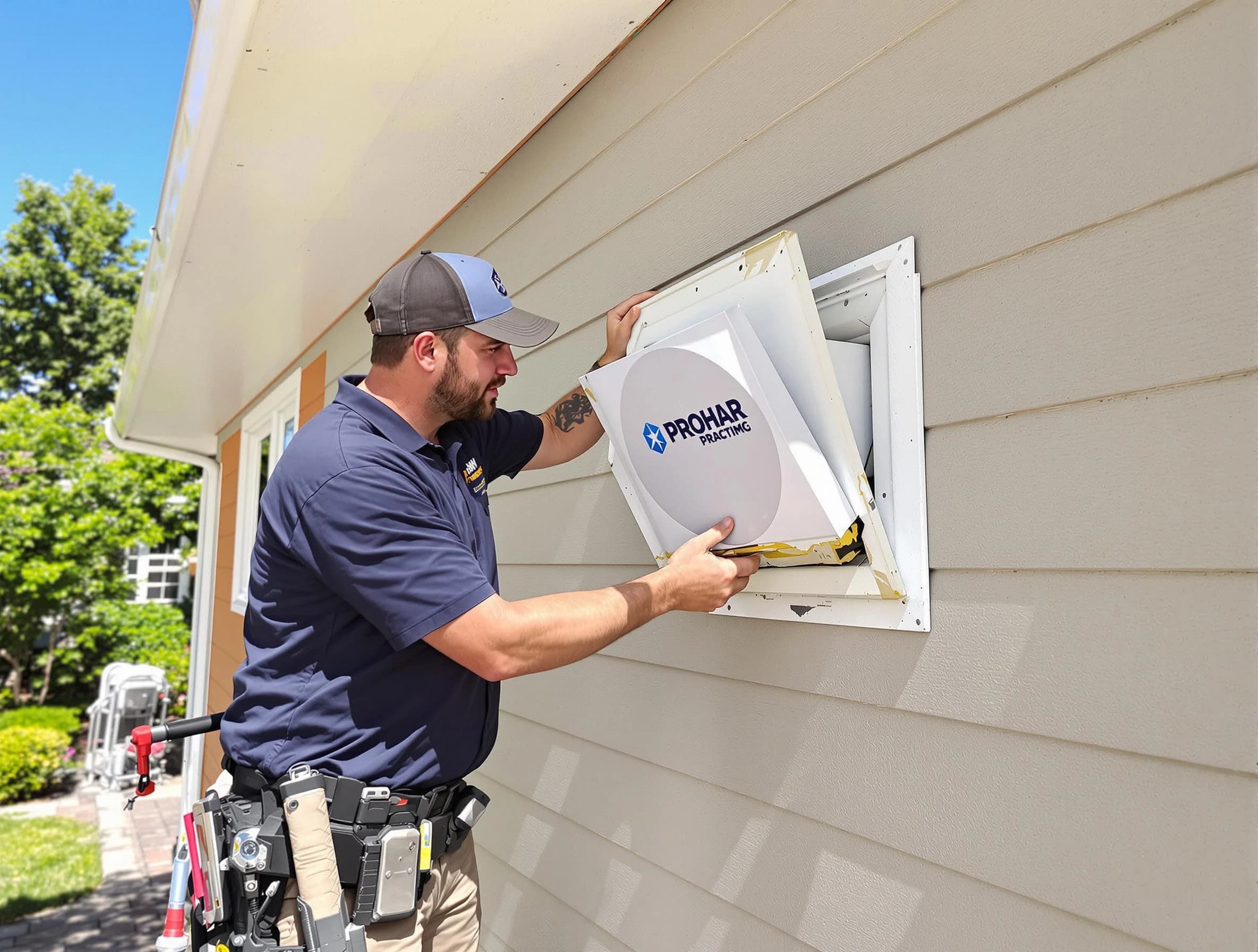 Center Point Dryer Vent Cleaning technician installing a new protective dryer vent cover on a home in Center Point