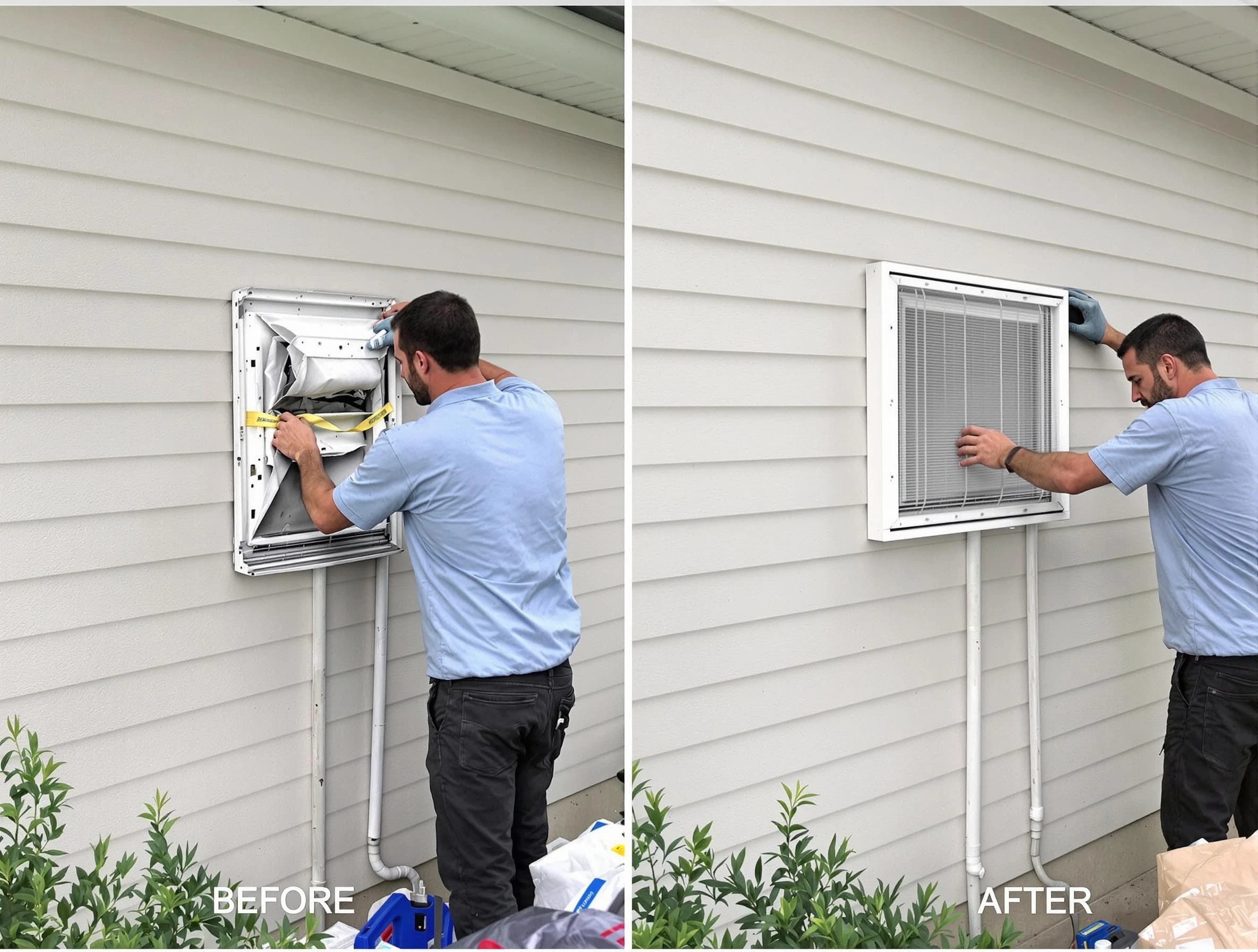Center Point Dryer Vent Cleaning technician installing high-quality dryer vent cover at a residential property in Center Point