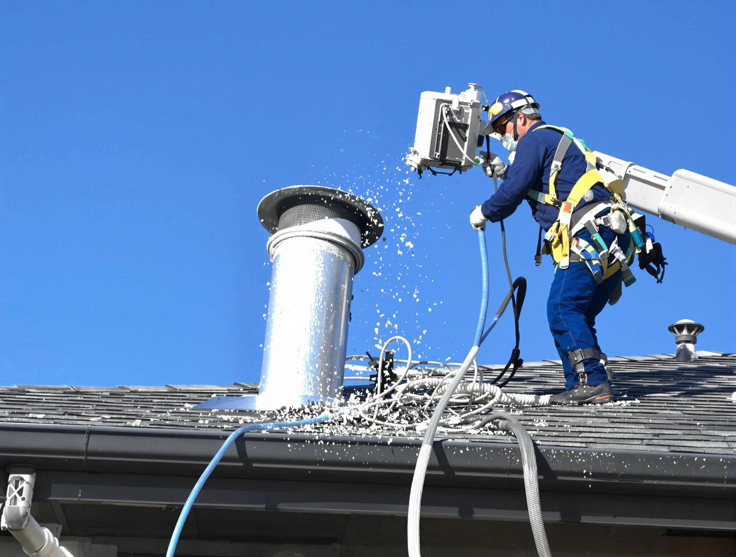 Center Point Dryer Vent Cleaning certified technician safely cleaning a roof-mounted dryer vent in Center Point